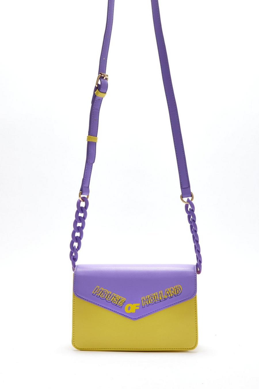 Multi Cross Body Bag In Purple And Yellow With A Chain Detail Strap And Printed Logo