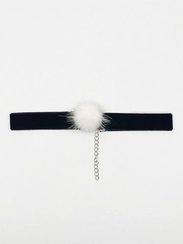 Black Black Faux Velvet Band Choker Necklace With White Pom Pom