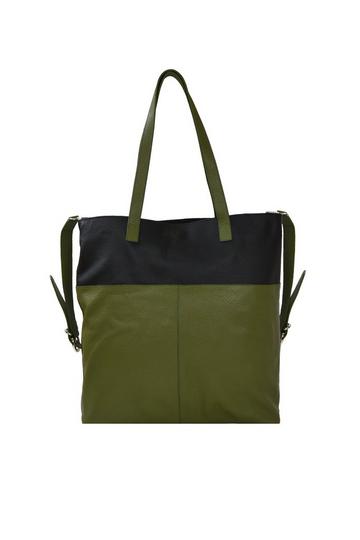 Camel Brown Colour Block Medium Leather Tote Shoulder Bag Green