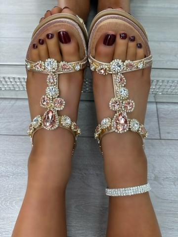 Gold Metallic Crystal Teardrop Sandals