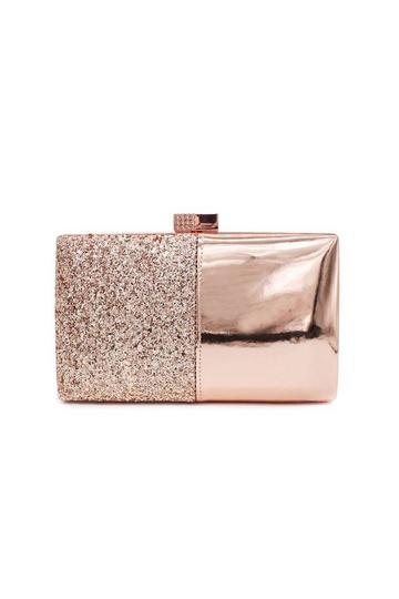 Rose Pink Glossy Glitter Small Clutch Hardcase Bag With Crystal Clasp