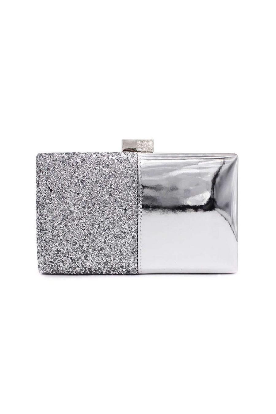 Silver Glossy Glitter Small Clutch Hardcase Bag With Crystal Clasp image number 1