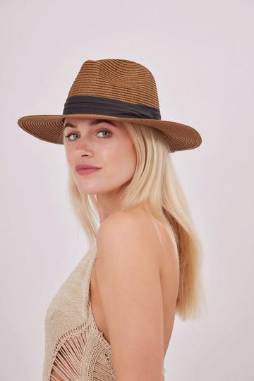 Straw Fedora with Ribbon Trim Brown