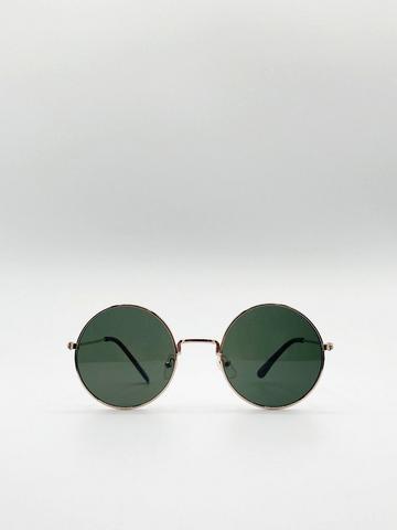 Classic Metal Round Sunglasses With Green Tinted Lenses Green