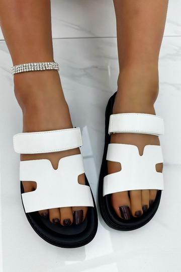 White Cut Out Double Strap Sliders