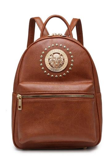 Lion Head Detail Lightweight Travel School Backpack Bag Brown