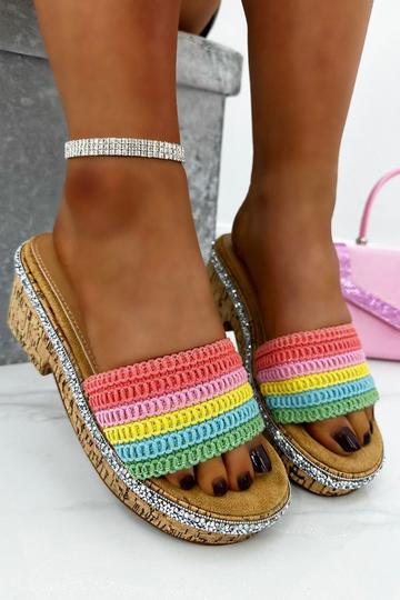 Crystal Trim Flatform Cork Sliders Multi