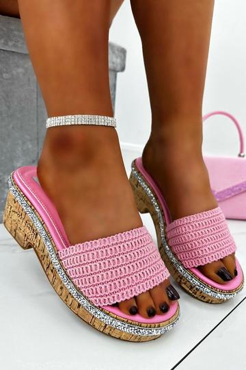 Pink Crystal Trim Flatform Cork Sliders