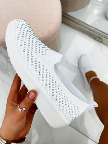 White Sparkly Slip On Stretch Plimsolls