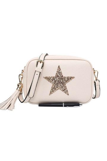 Beige Sparky Shiny Glitter Star Tassel Charm Crossbody Bag With Tassel Charm