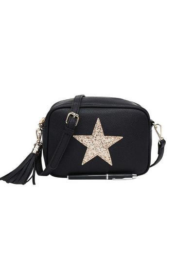 Black Sparky Shiny Glitter Star Tassel Charm Crossbody Bag With Tassel Charm