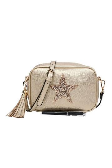 Gold Metallic Sparky Shiny Glitter Star Tassel Charm Crossbody Bag With Tassel Charm