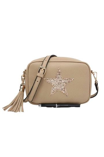 Stone Beige Sparky Shiny Glitter Star Tassel Charm Crossbody Bag With Tassel Charm