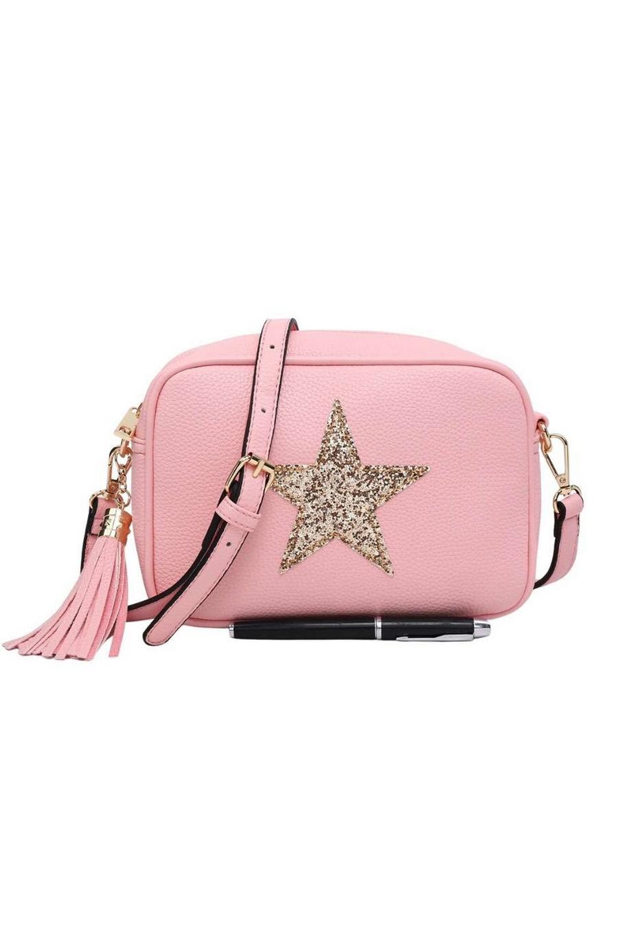 Pink Sparky Shiny Glitter Star Tassel Charm Crossbody Bag With Tassel Charm