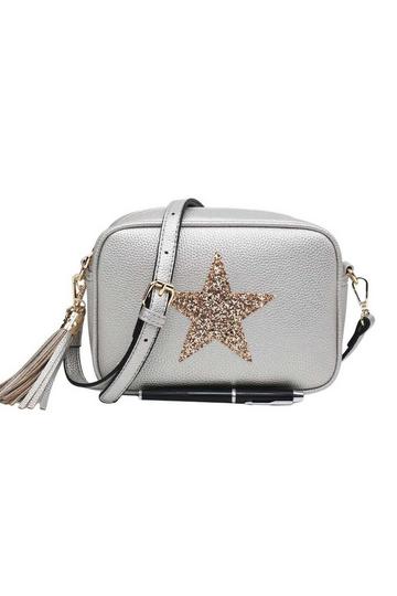 Sparky Shiny Glitter Star Tassel Charm Crossbody Bag With Tassel Charm Silver