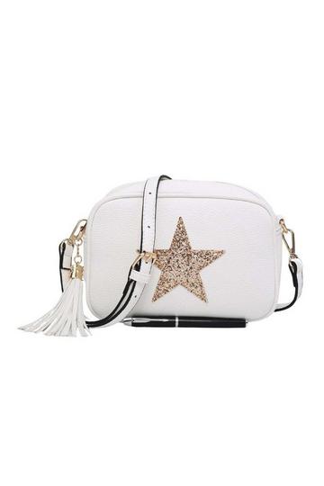 Sparky Shiny Glitter Star Tassel Charm Crossbody Bag With Tassel Charm White