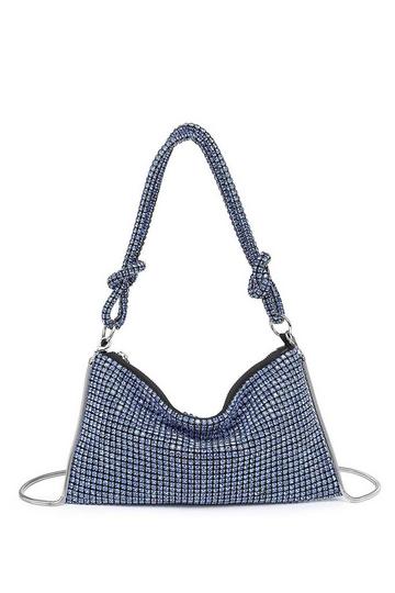 Blue Rhinestones Slouch Evening Clutch Bag With Handle and Strap