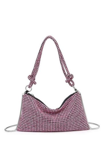 Pink Rhinestones Slouch Evening Clutch Bag With Handle and Strap