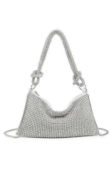 Rhinestones Slouch Evening Clutch Bag With Handle and Strap Silver