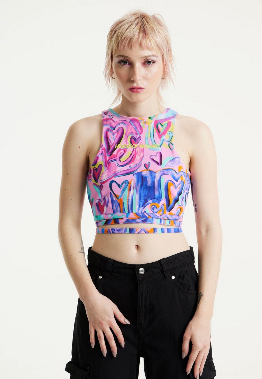 Multi Heart Printed Jersey Top With Open Back