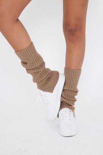 Ribbed Knitted Leg Warmers with Slits Brown