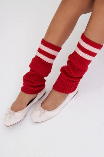 Ribbed Knitted Leg Warmers with Slits Red