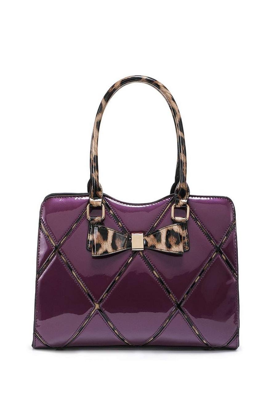 Purple Glossy Patent Cross Bow Leopard Print Large Tote Shoulder Bag image number 1