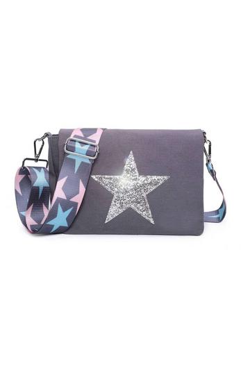 Grey Small Shiny Glitter Star Canvas Crossbody Bag