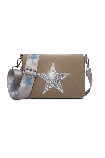 Small Shiny Glitter Star Canvas Crossbody Bag Khaki