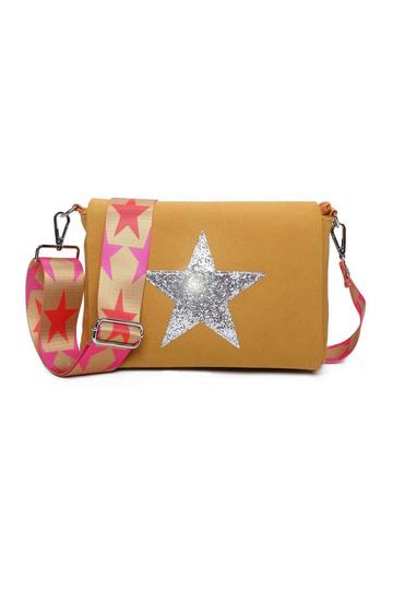 Yellow Small Shiny Glitter Star Canvas Crossbody Bag