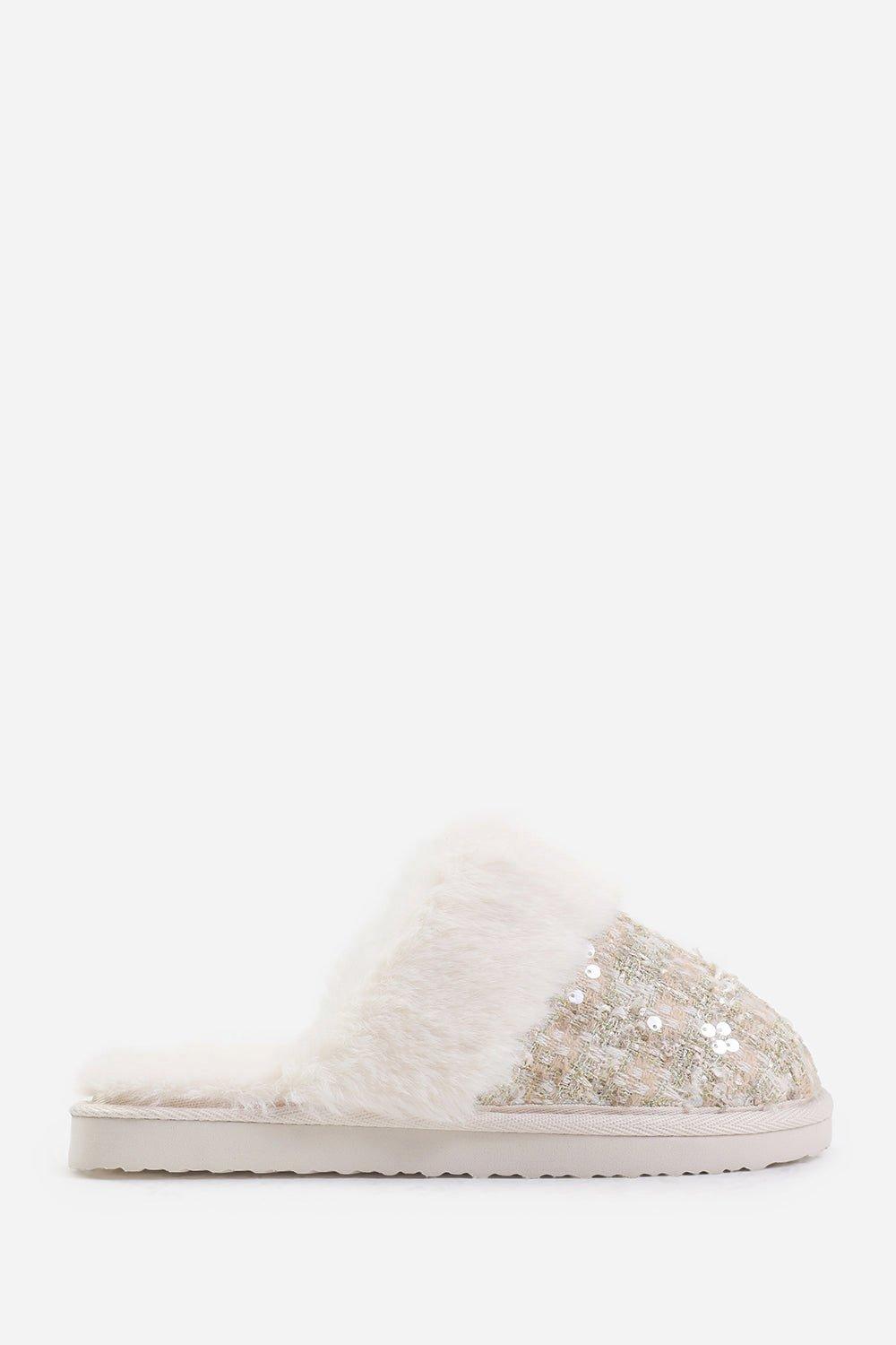 Snuggle Slip On Sequin Slippers With Fur Trim boohoo UK