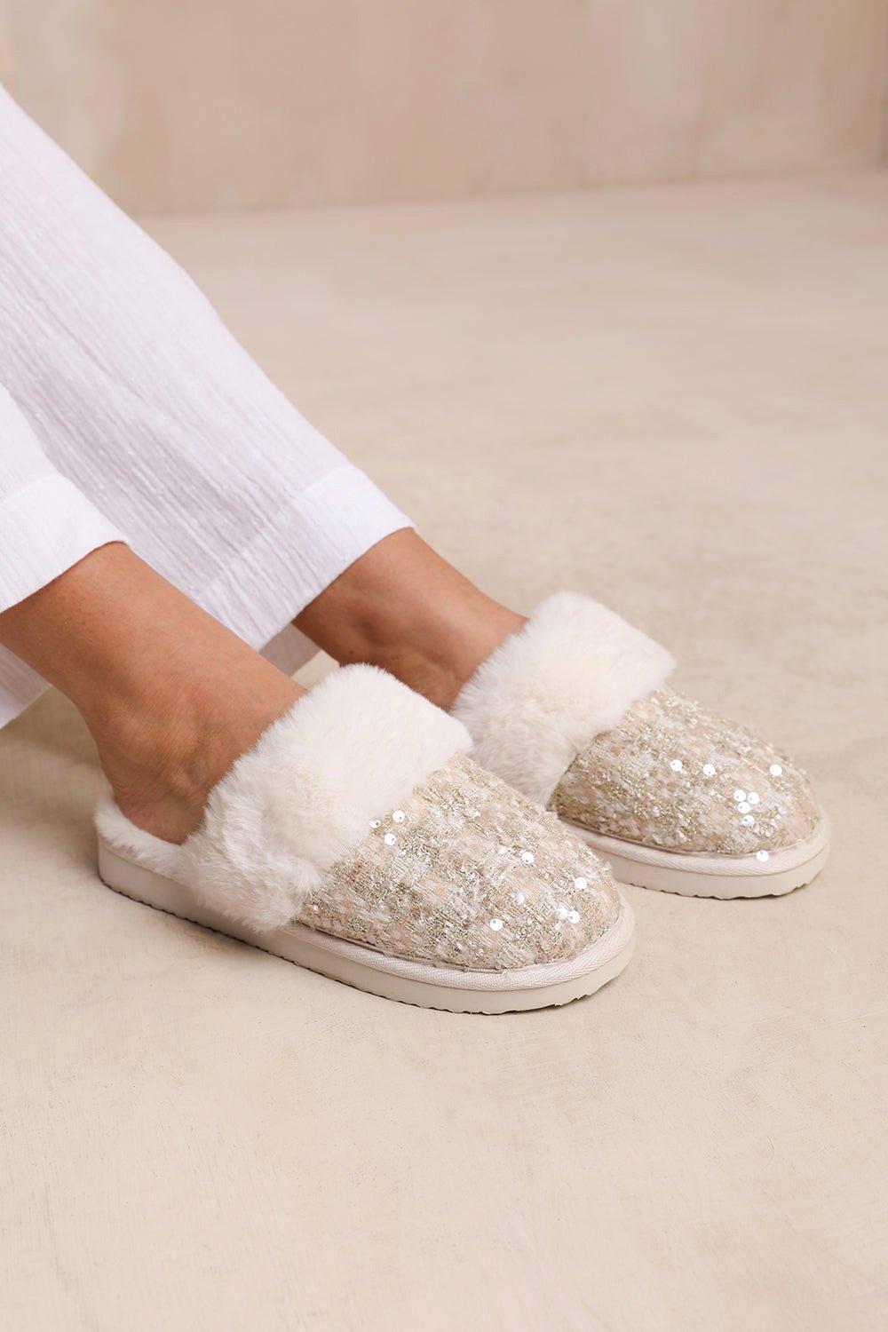 Snuggle Slip On Sequin Slippers With Fur Trim