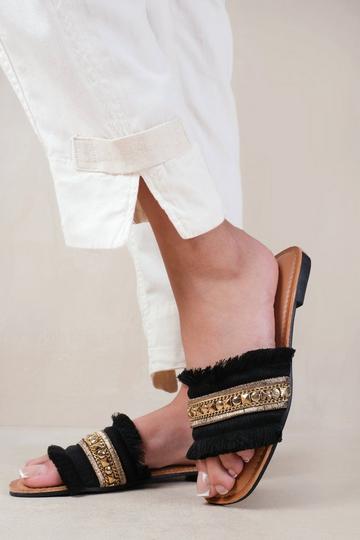 'Astroid' Flat Sandals With Fringe Trim And Stud Details Black