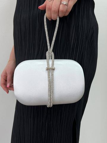 White Clutch bag with Crystal Stap Handle Silver