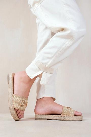 Beige 'Jupiter' Single Strap Flat Sandals With Thread Design And Golden Detailing