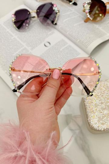 Pink Crystal Rimless Hex Sunglasses