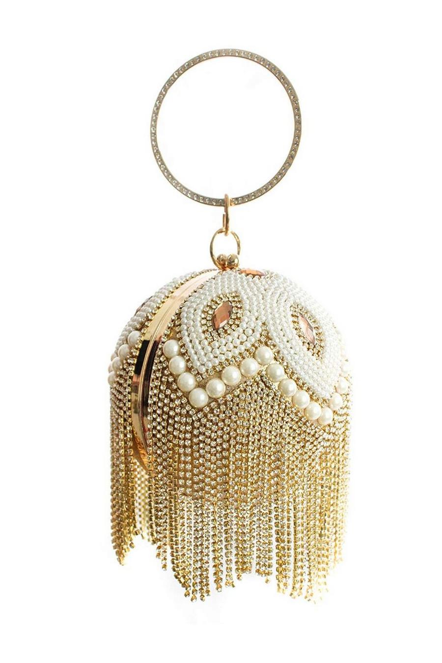 Gold Floral Pattern Pearl Studded Ball Shape Evening Clutch Bag
