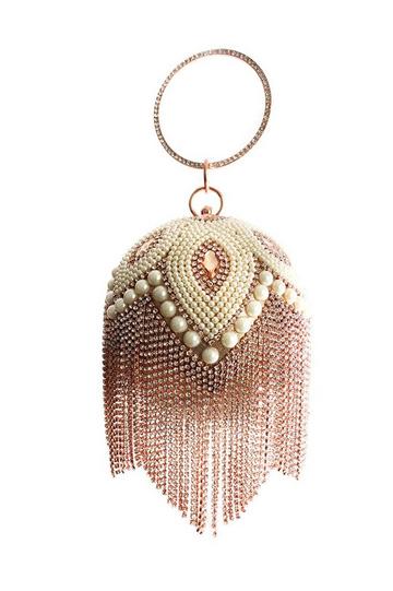 Floral Pattern Pearl Studded Ball Shape Evening Clutch Bag Rose Gold