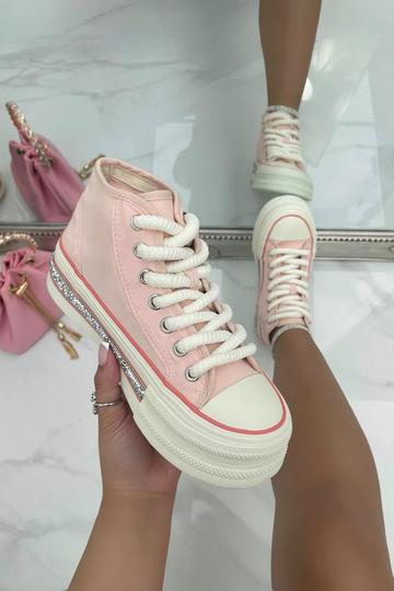 Crystal Trim Platform High Top Trainers Baby Pink