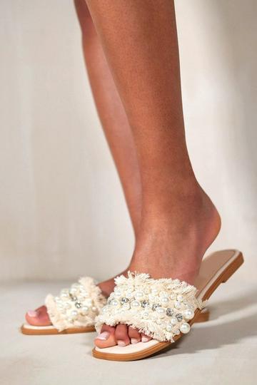 Cream White 'Milani' Pearl And Diamante Flat Slider Sandals