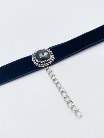 Black Faux Velvet Choker Necklace with Grey Jewel Black