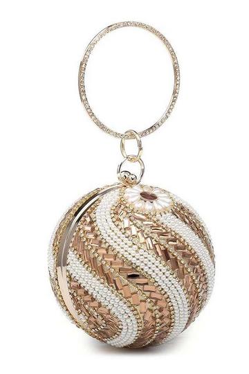 Gold Metallic Ball Shape Spiral Crystals Pattern Clutch Bag