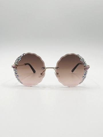 Oversized Round Frameless Sunglasses with Crystal Detail in Brown Light Brown