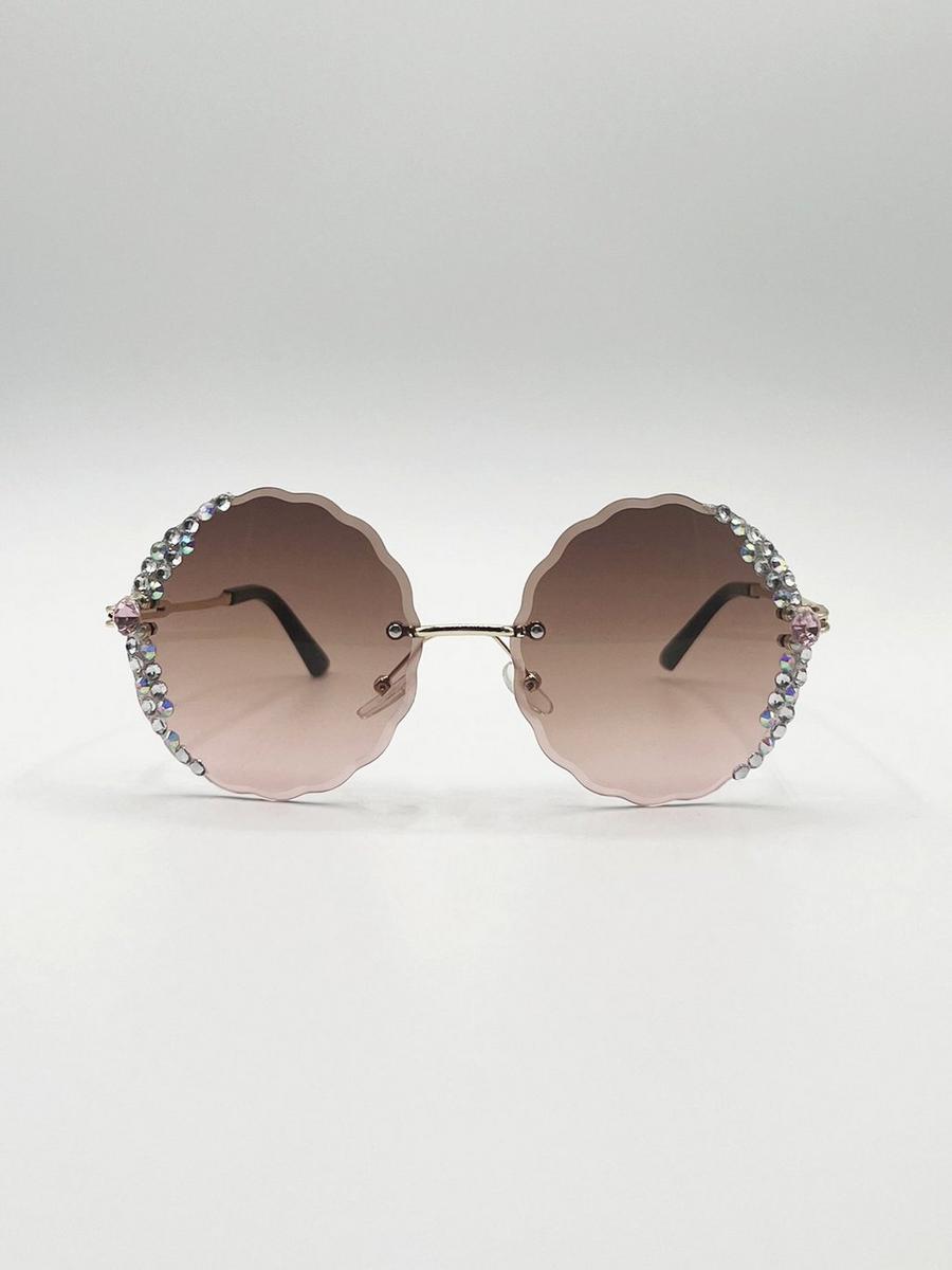 Light brown Oversized Round Frameless Sunglasses with Crystal Detail in Brown