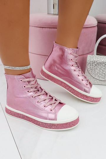 Pink Crystal Canvas High Top Trainers