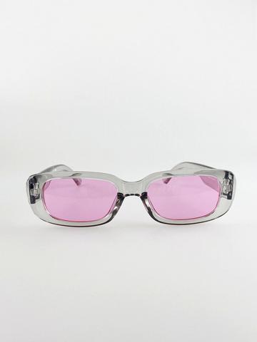 Retro Rectangle Sunglasses With Pink Lenses and Light Grey Frame Multi