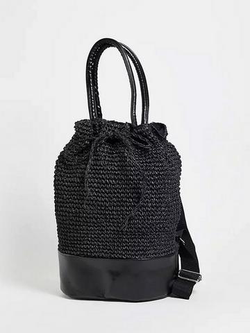 Black Straw Woven Backpack with PU Trim