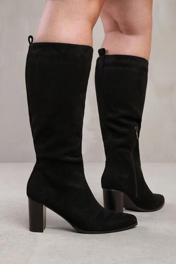 'Delta' Wide Calf Block Heel Knee High Boots With Side Zip Black