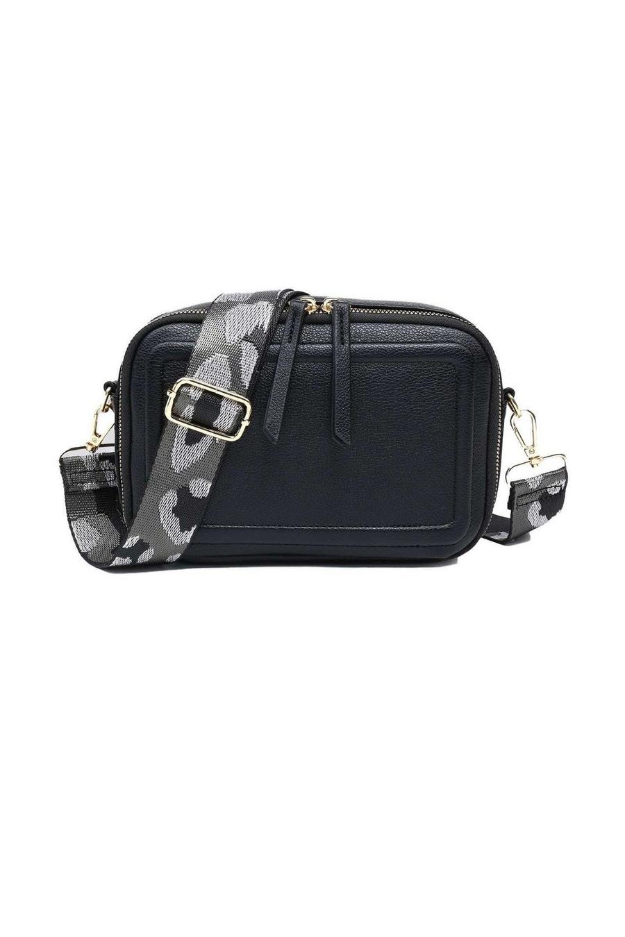 Black Double Ribbon Zip Compartments Small Crossbody Bag With Canvas Strap