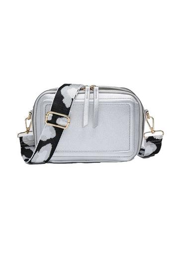 Double Ribbon Zip Compartments Small Crossbody Bag With Canvas Strap Silver